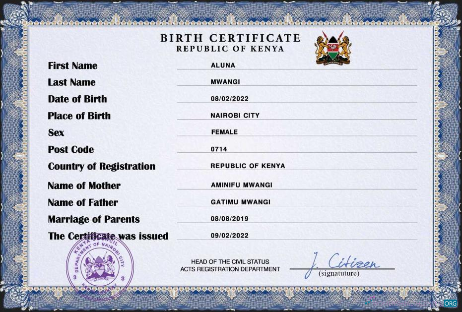 Download Kenya vital record birth certificate PSD template Photoshop template